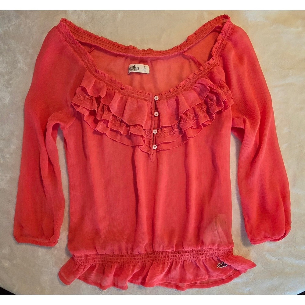 Hollister Sheer Blouse Small Coral Pink Y2K Ruffle Blouse Boho Romantic Babydoll